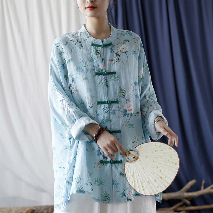 Giacca camicia in lino ramiè a maniche lunghe con bottoni a rana , Buddha Stones, fiori rosa verde chiaro, foglie verdi