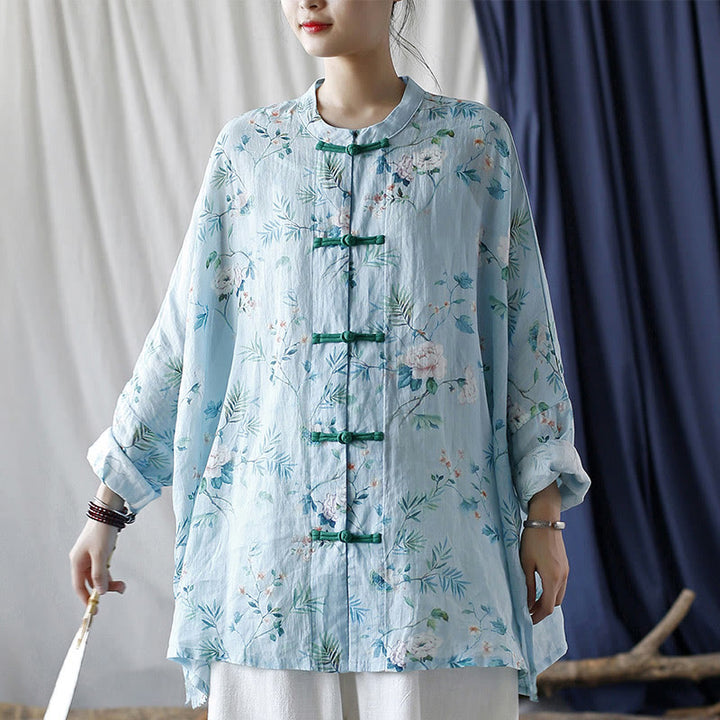 Giacca camicia in lino ramiè a maniche lunghe con bottoni a rana , Buddha Stones, fiori rosa verde chiaro, foglie verdi
