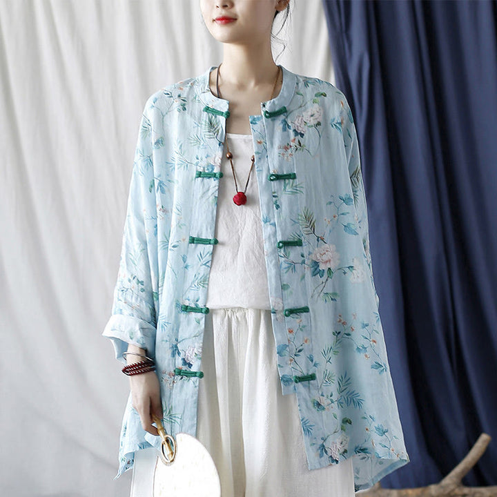 Giacca camicia in lino ramiè a maniche lunghe con bottoni a rana , Buddha Stones, fiori rosa verde chiaro, foglie verdi