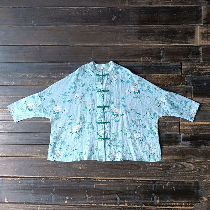 Giacca camicia in lino ramiè a maniche lunghe con bottoni a rana , Buddha Stones, fiori rosa verde chiaro, foglie verdi