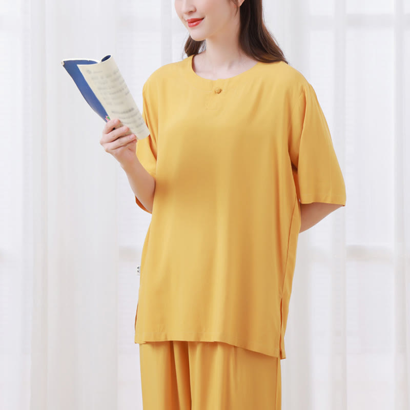 Buddha Stones 2 pezzi mezza manica T-shirt pantaloni meditazione Zen Tai Chi cotone lino abbigliamento unisex set - image 4