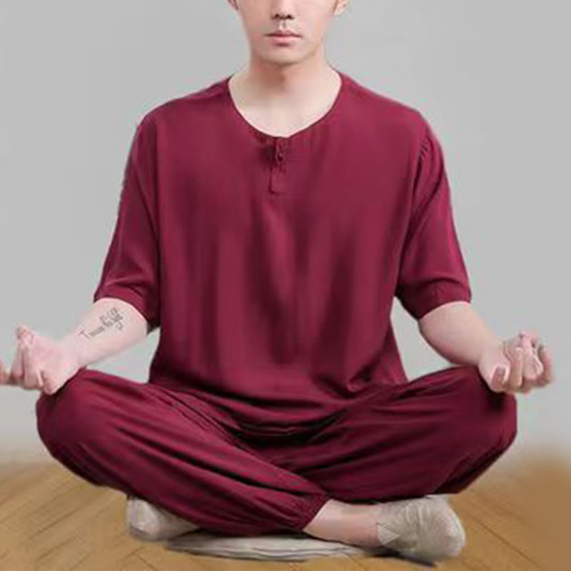 Buddha Stones 2 pezzi mezza manica T-shirt pantaloni meditazione Zen Tai Chi cotone lino abbigliamento unisex set - Rosso scuro (top e pantaloni) - US14, UK/AU18, EU46 (4XL) - image 21