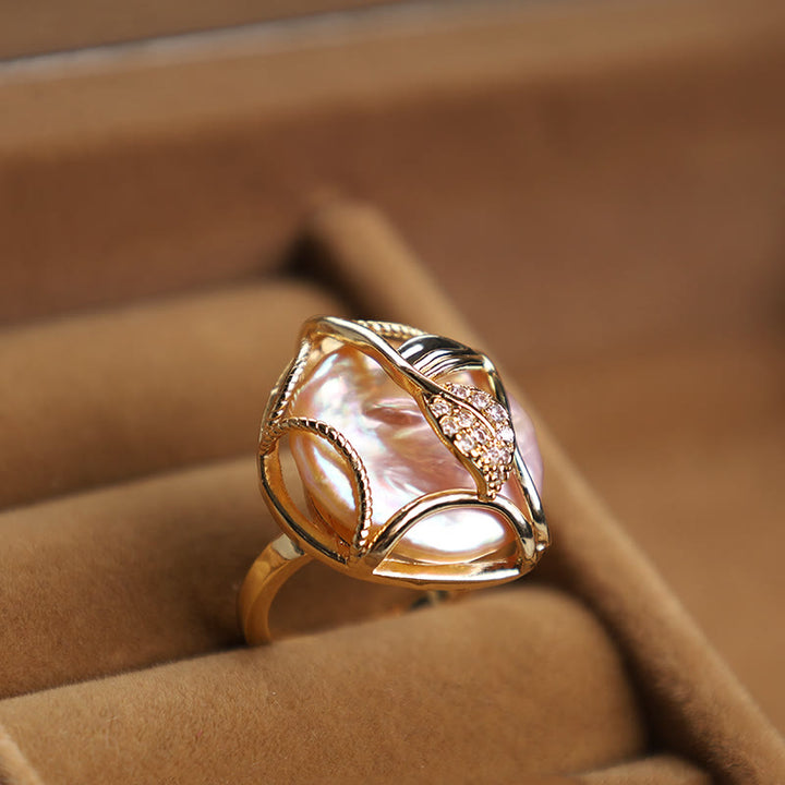 Anello Buddha Stones Pearl Rame Placcato Oro Fiore Felicità Ricchezza