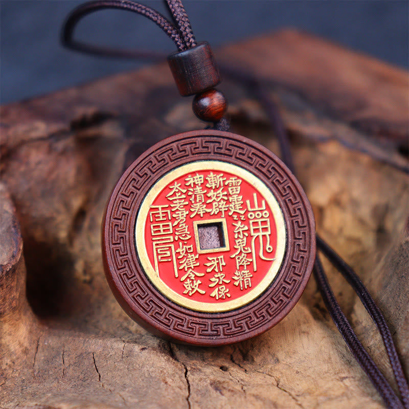 Buddha Stones Fulmine Colpito Legno di Giuggiola Yin Yang Bagua Montagna Fantasmi Spendere Soldi Protezione Collana Pendente