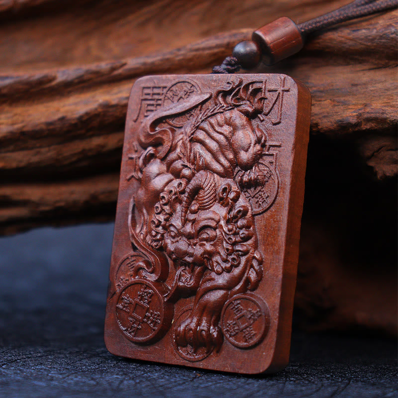 Buddha Stones Naturale Fulmine Colpito Giuggiola Legno PiXiu Moneta di Rame Collana Pendente Portafortuna