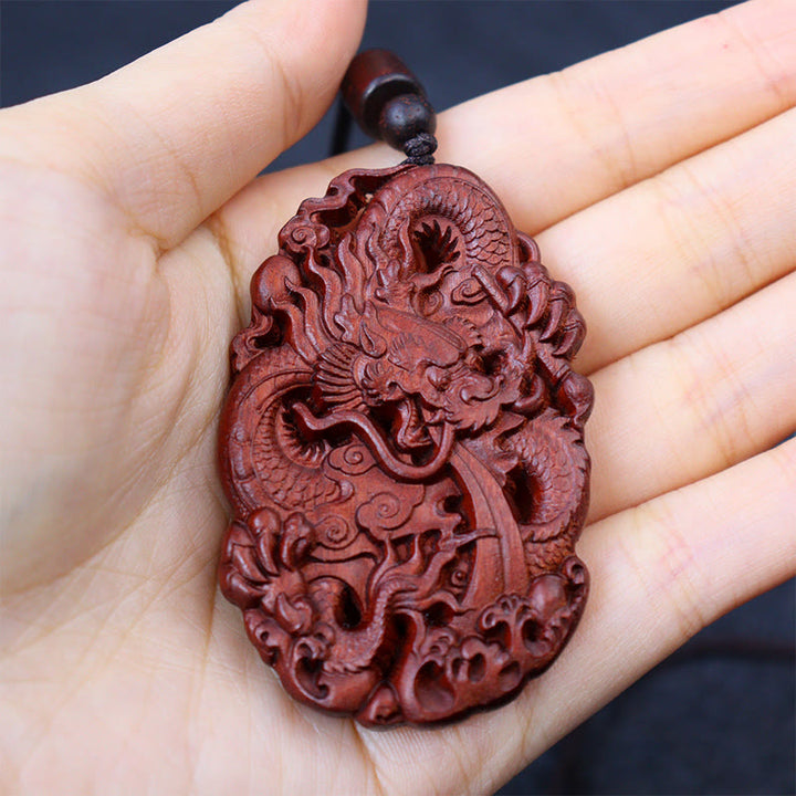 Buddha Stones Fulmine Legno di Giuggiola Doppio Drago in Rilievo Allontanare gli Spiriti Maligni Collana Pendente