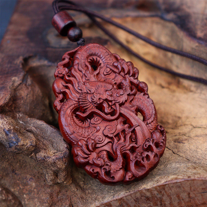 Buddha Stones Fulmine Legno di Giuggiola Doppio Drago in Rilievo Allontanare gli Spiriti Maligni Collana Pendente