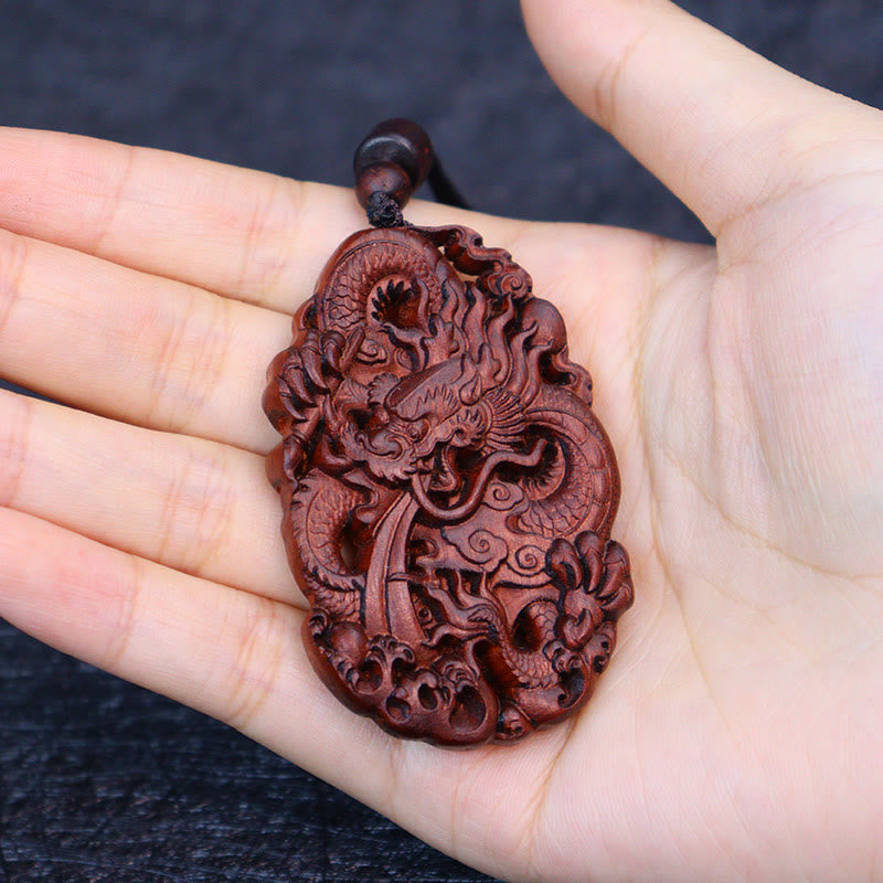 Buddha Stones Fulmine Legno di Giuggiola Doppio Drago in Rilievo Allontanare gli Spiriti Maligni Collana Pendente
