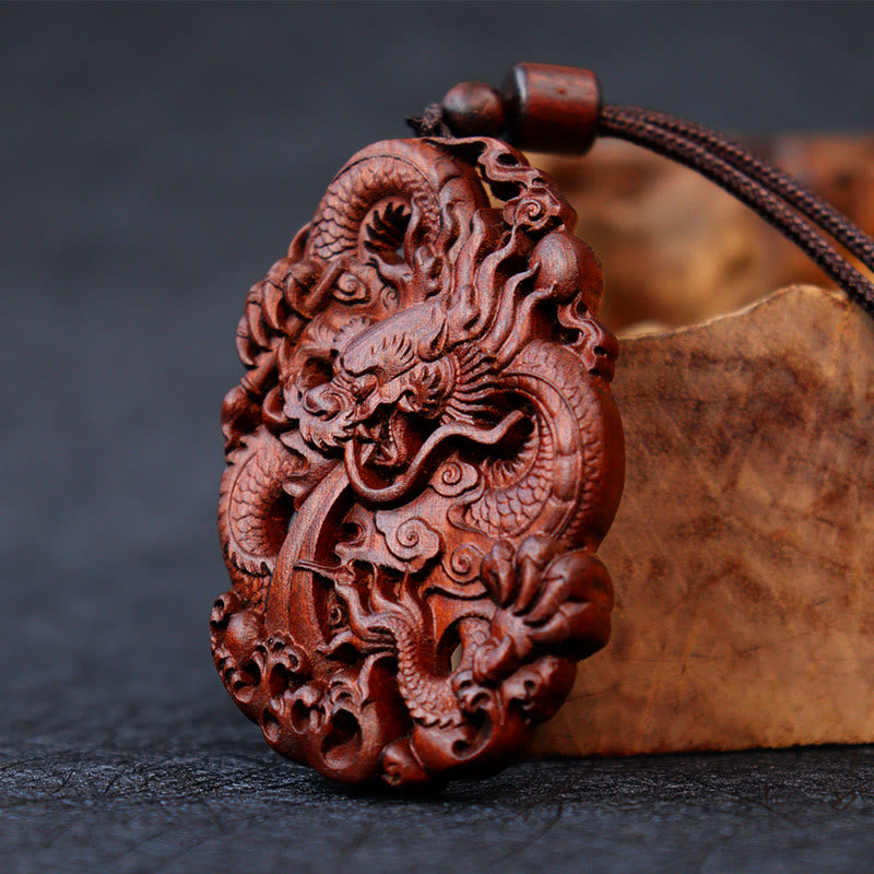 Buddha Stones Fulmine Legno di Giuggiola Doppio Drago in Rilievo Allontanare gli Spiriti Maligni Collana Pendente