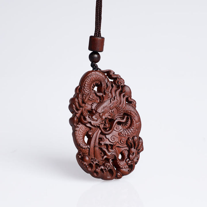 Buddha Stones Fulmine Legno di Giuggiola Doppio Drago in Rilievo Allontanare gli Spiriti Maligni Collana Pendente