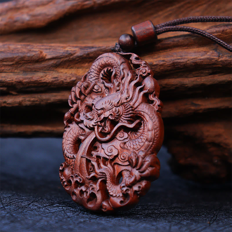 Buddha Stones Fulmine Legno di Giuggiola Doppio Drago in Rilievo Allontanare gli Spiriti Maligni Collana Pendente