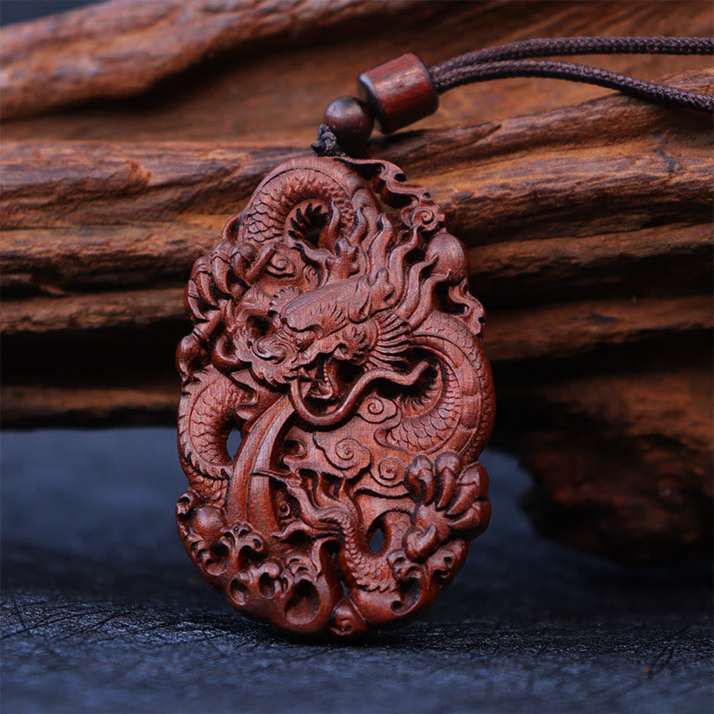 Buddha Stones Fulmine Legno di Giuggiola Doppio Drago in Rilievo Allontanare gli Spiriti Maligni Collana Pendente