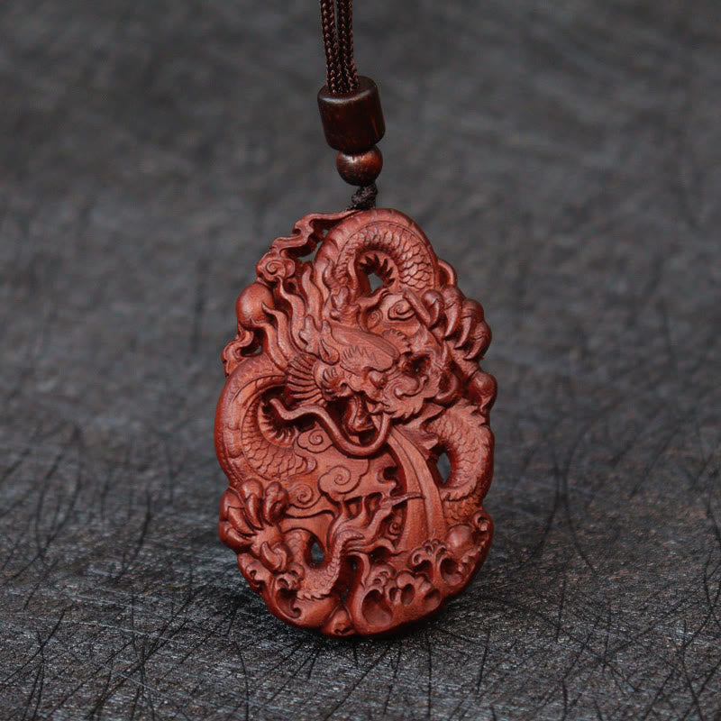 Buddha Stones Fulmine Legno di Giuggiola Doppio Drago in Rilievo Allontanare gli Spiriti Maligni Collana Pendente