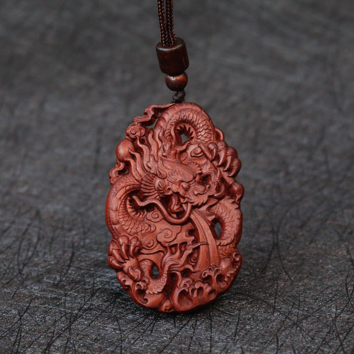 Buddha Stones Fulmine Legno di Giuggiola Doppio Drago in Rilievo Allontanare gli Spiriti Maligni Collana Pendente