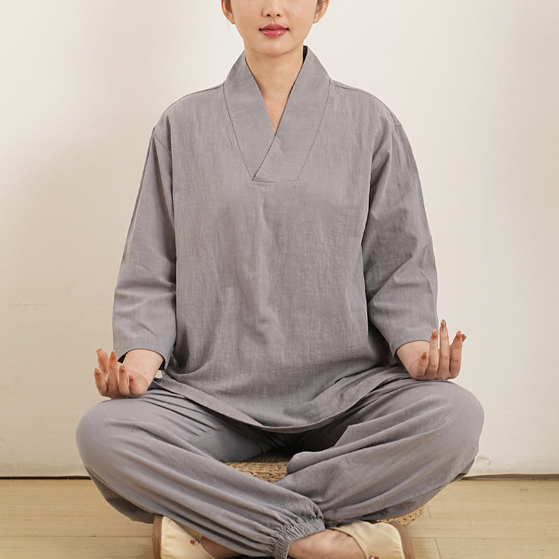 Buddha Stones 2 pezzi scollo a V manica a tre quarti camicia top pantaloni meditazione zen tai chi cotone lino abbigliamento da donna set - Grigio (top e pantaloni) - US12, UK/AU16, EU44 (XL) - image 0
