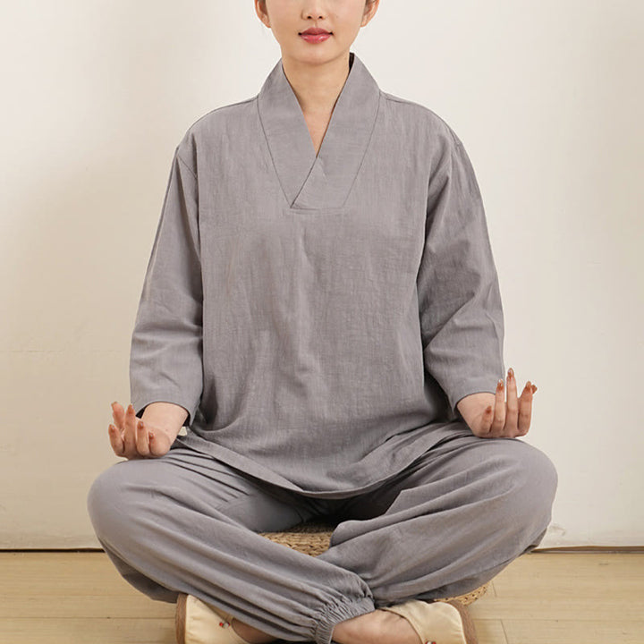 Buddha Stones 2 pezzi scollo a V manica a tre quarti camicia top pantaloni meditazione zen tai chi cotone lino abbigliamento da donna set - Grigio (top e pantaloni) - US12, UK/AU16, EU44 (XL) - image 0