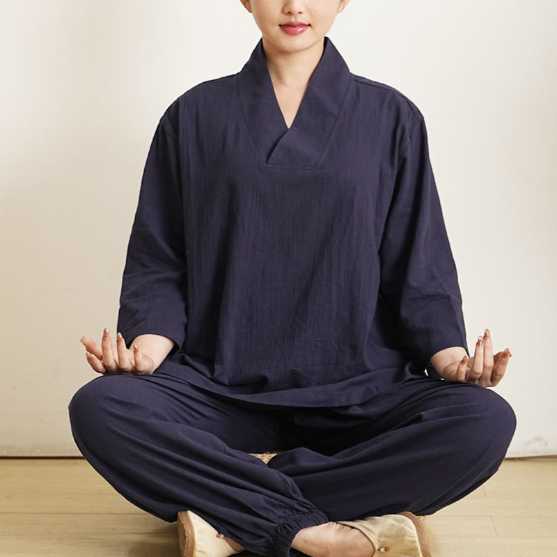 Buddha Stones 2 pezzi scollo a V manica a tre quarti camicia top pantaloni meditazione zen tai chi cotone lino abbigliamento da donna set
