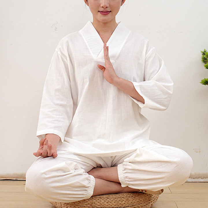 Buddha Stones 2 pezzi scollo a V manica a tre quarti camicia top pantaloni meditazione zen tai chi cotone lino abbigliamento da donna set