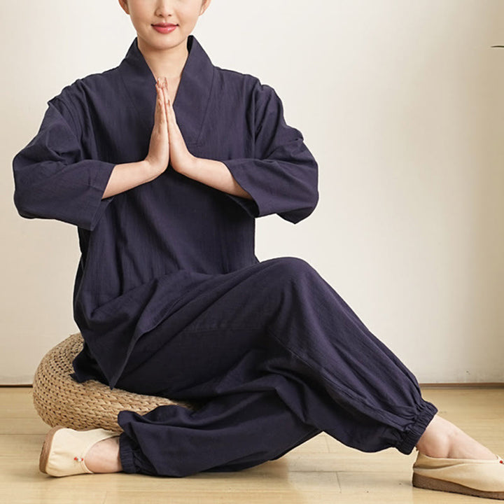 Buddha Stones 2 pezzi scollo a V manica a tre quarti camicia top pantaloni meditazione zen tai chi cotone lino abbigliamento da donna set