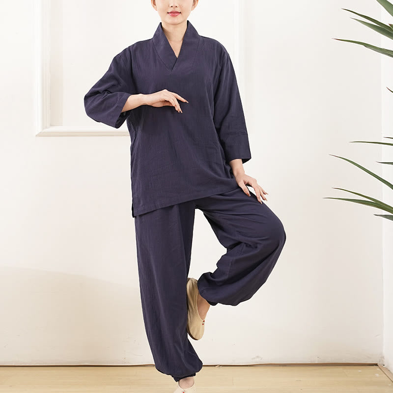 Buddha Stones 2 pezzi scollo a V manica a tre quarti camicia top pantaloni meditazione zen tai chi cotone lino abbigliamento da donna set