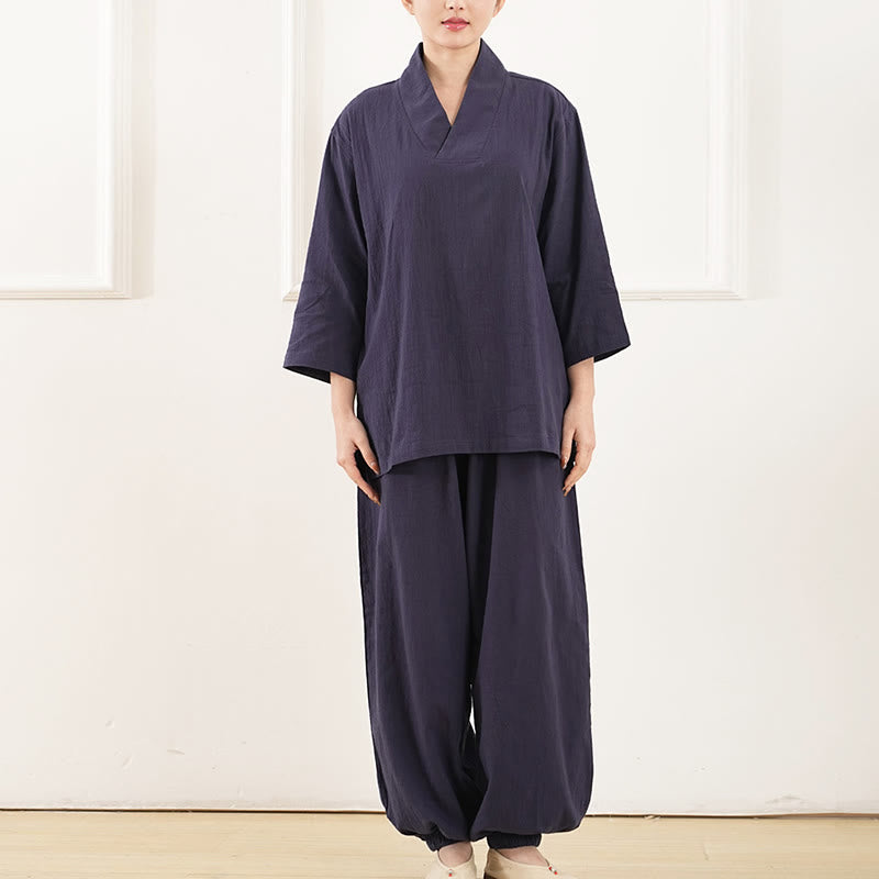 Buddha Stones 2 pezzi scollo a V manica a tre quarti camicia top pantaloni meditazione zen tai chi cotone lino abbigliamento da donna set