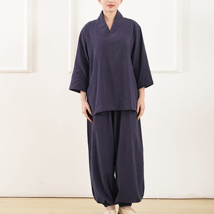 Buddha Stones 2 pezzi scollo a V manica a tre quarti camicia top pantaloni meditazione zen tai chi cotone lino abbigliamento da donna set