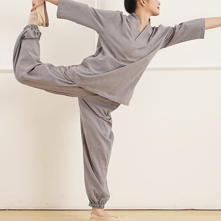 Buddha Stones 2 pezzi scollo a V manica a tre quarti camicia top pantaloni meditazione zen tai chi cotone lino abbigliamento da donna set