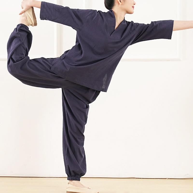 Buddha Stones 2 pezzi scollo a V manica a tre quarti camicia top pantaloni meditazione zen tai chi cotone lino abbigliamento da donna set