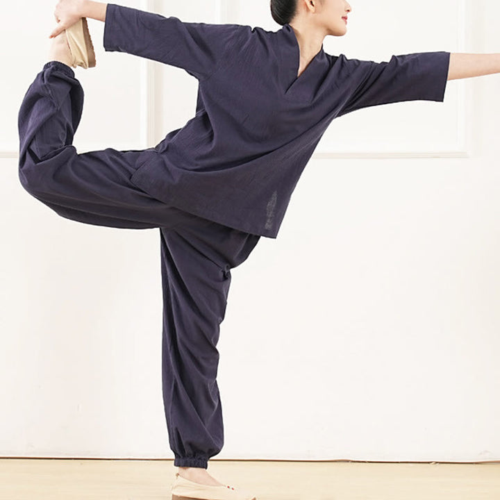 Buddha Stones 2 pezzi scollo a V manica a tre quarti camicia top pantaloni meditazione zen tai chi cotone lino abbigliamento da donna set
