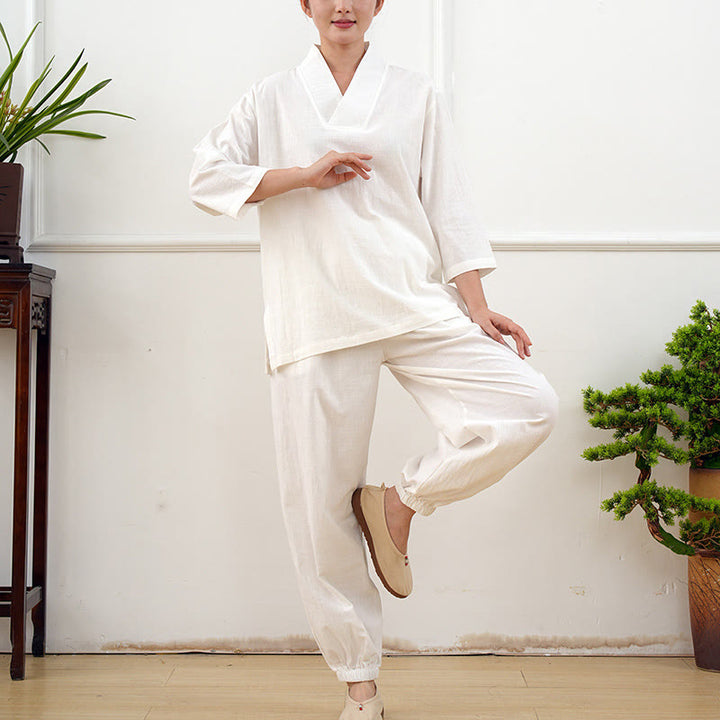 Buddha Stones 2 pezzi scollo a V manica a tre quarti camicia top pantaloni meditazione zen tai chi cotone lino abbigliamento da donna set