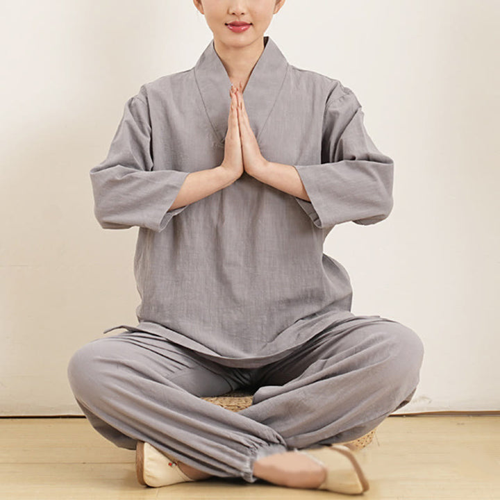 Buddha Stones 2 pezzi scollo a V manica a tre quarti camicia top pantaloni meditazione zen tai chi cotone lino abbigliamento da donna set