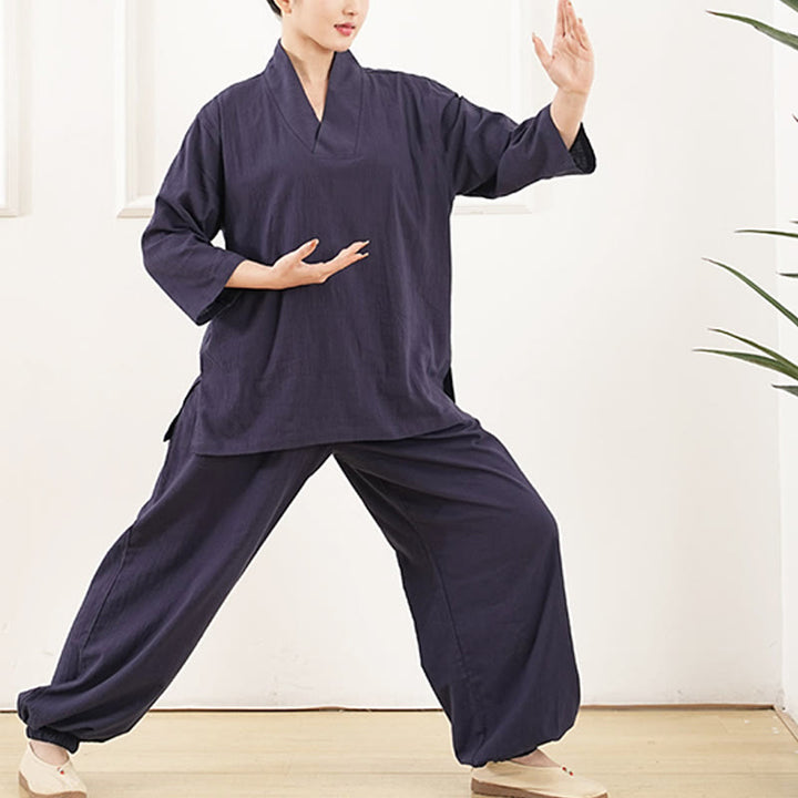 Buddha Stones 2 pezzi scollo a V manica a tre quarti camicia top pantaloni meditazione zen tai chi cotone lino abbigliamento da donna set
