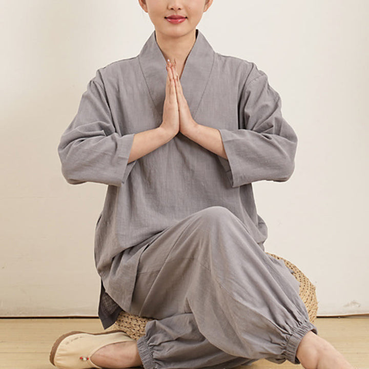 Buddha Stones 2 pezzi scollo a V manica a tre quarti camicia top pantaloni meditazione zen tai chi cotone lino abbigliamento da donna set