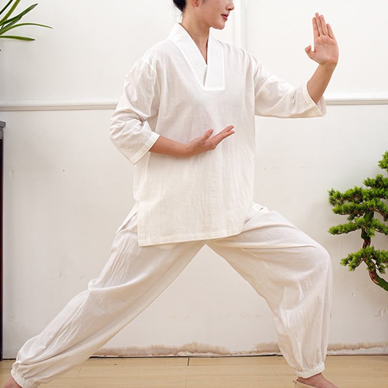 Buddha Stones 2 pezzi scollo a V manica a tre quarti camicia top pantaloni meditazione zen tai chi cotone lino abbigliamento da donna set