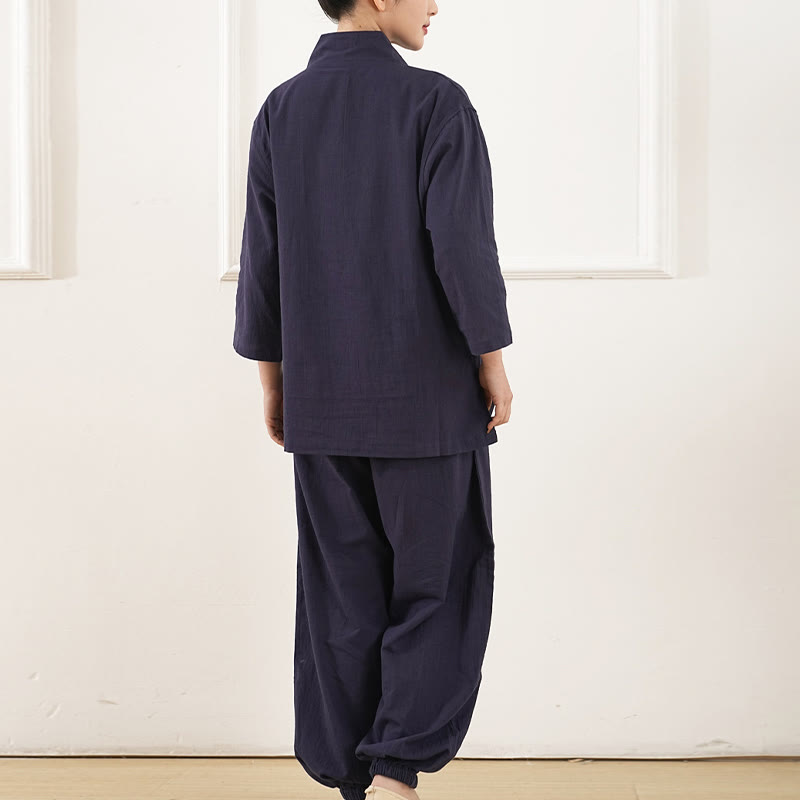 Buddha Stones 2 pezzi scollo a V manica a tre quarti camicia top pantaloni meditazione zen tai chi cotone lino abbigliamento da donna set