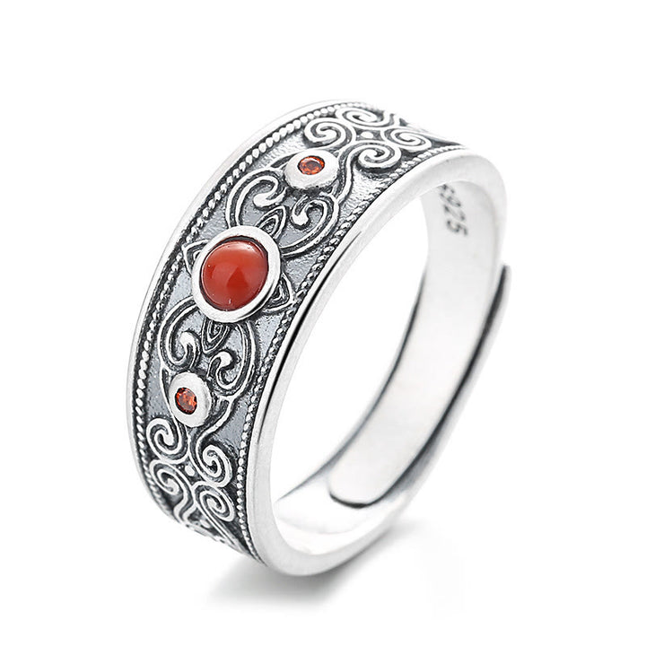 Anello di pensiero logico con nuvole Buddha Stones in argento sterling 925 e agata rossa incastonata