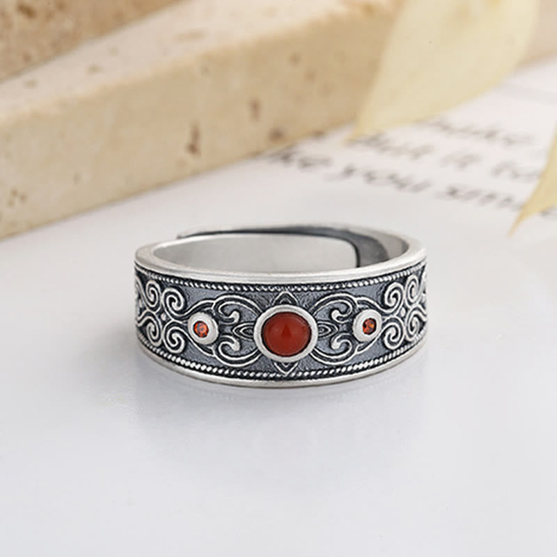 Anello di pensiero logico con nuvole Buddha Stones in argento sterling 925 e agata rossa incastonata