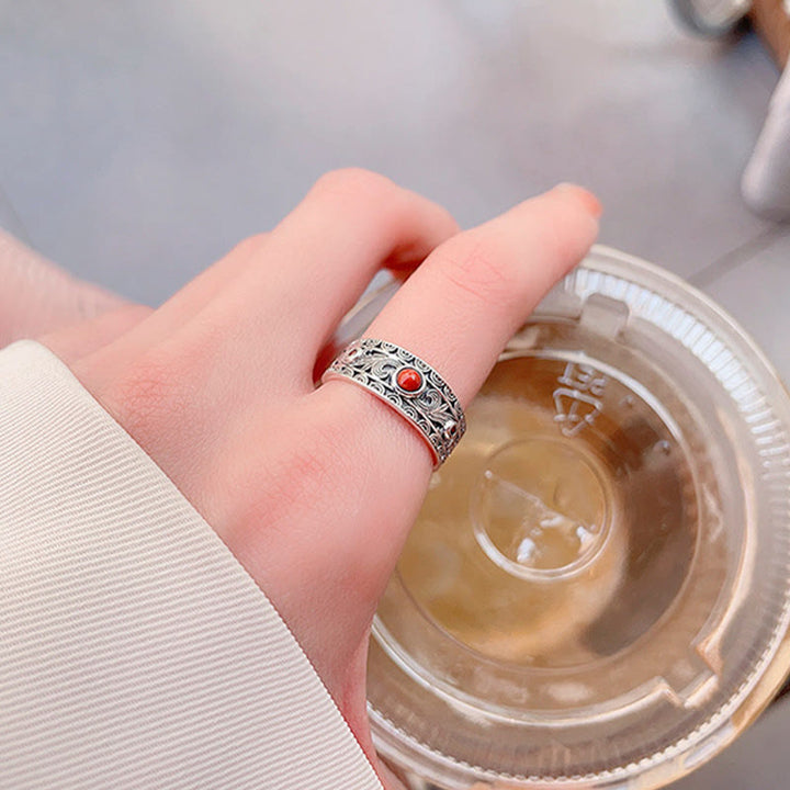 Anello di pensiero logico con nuvole Buddha Stones in argento sterling 925 e agata rossa incastonata