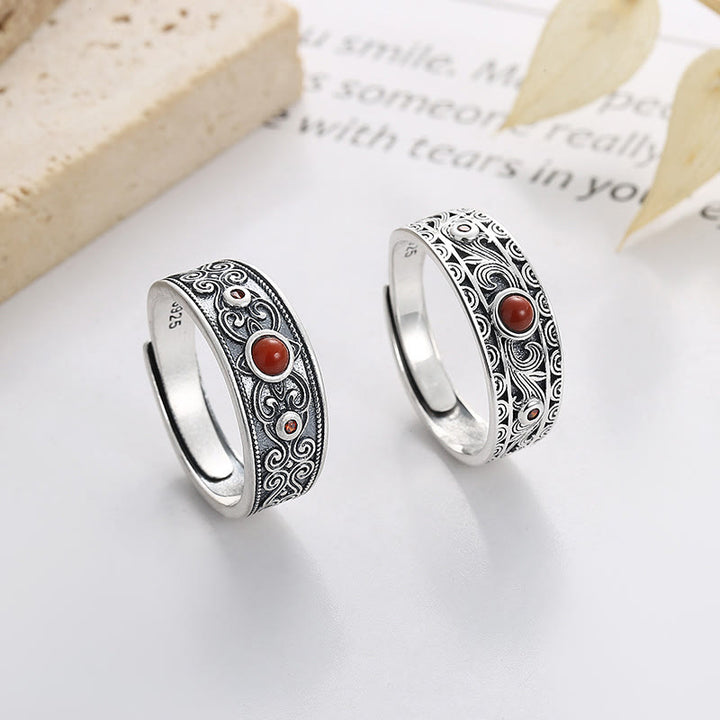 Anello di pensiero logico con nuvole Buddha Stones in argento sterling 925 e agata rossa incastonata