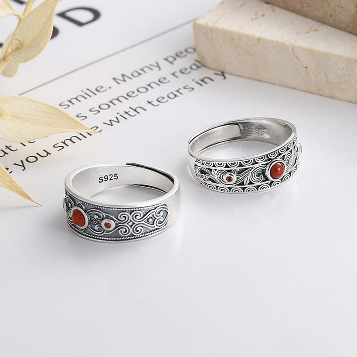 Anello di pensiero logico con nuvole Buddha Stones in argento sterling 925 e agata rossa incastonata