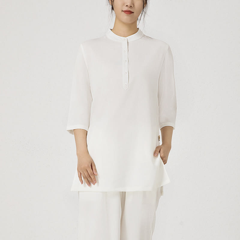 Buddha Stones 2 pezzi bottoni tre quarti manica camicia top pantaloni meditazione zen tai chi cotone lino abbigliamento donna set