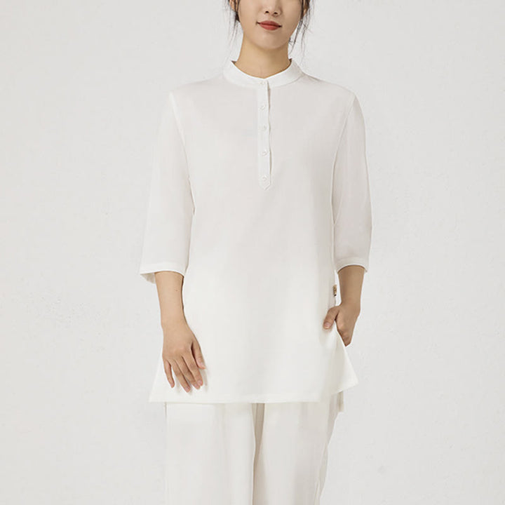 Buddha Stones 2 pezzi bottoni tre quarti manica camicia top pantaloni meditazione zen tai chi cotone lino abbigliamento donna set