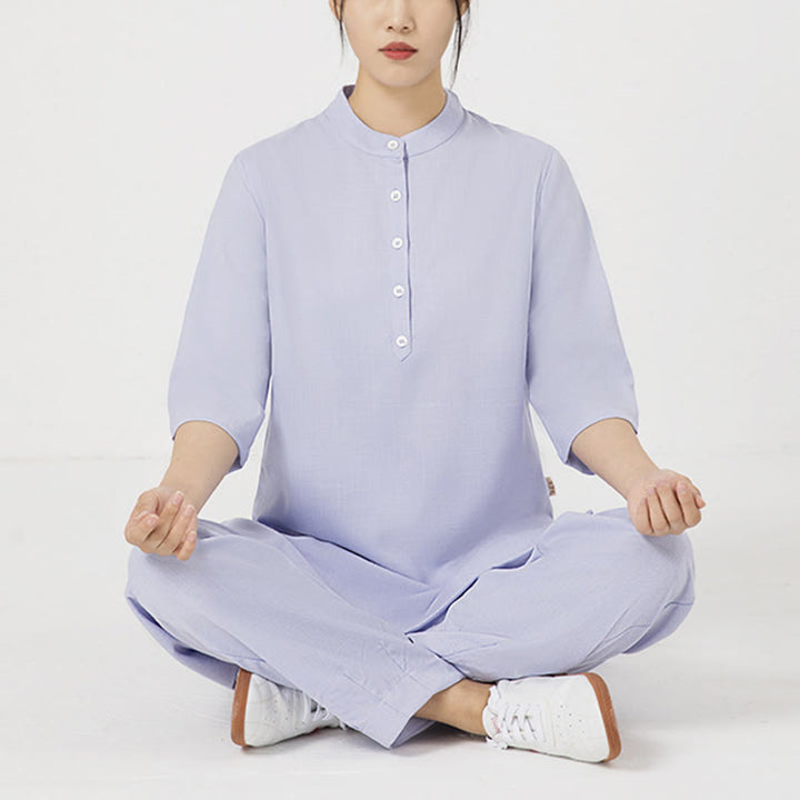 Buddha Stones 2 pezzi bottoni tre quarti manica camicia top pantaloni meditazione zen tai chi cotone lino abbigliamento donna set