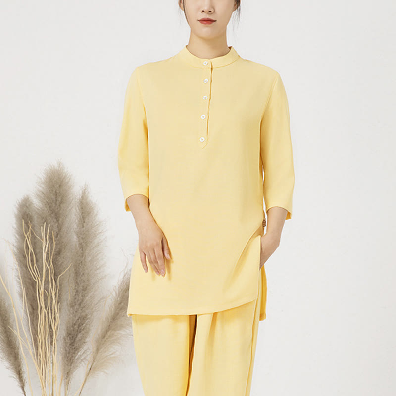 Buddha Stones 2 pezzi bottoni tre quarti manica camicia top pantaloni meditazione zen tai chi cotone lino abbigliamento donna set