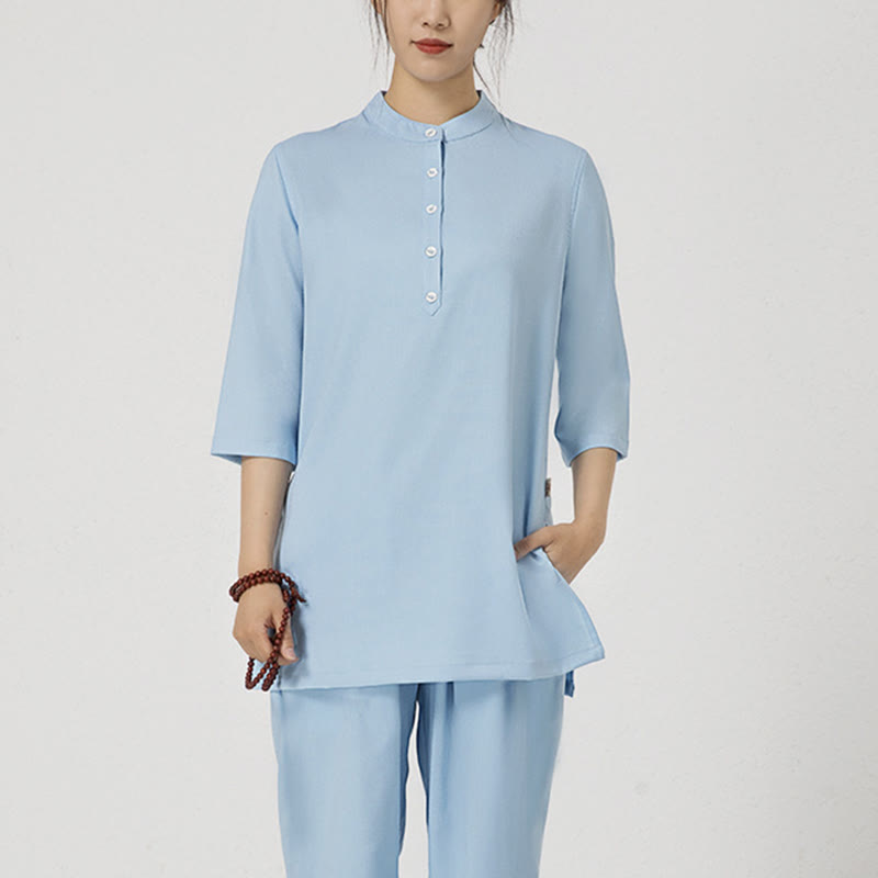 Buddha Stones 2 pezzi bottoni tre quarti manica camicia top pantaloni meditazione zen tai chi cotone lino abbigliamento donna set