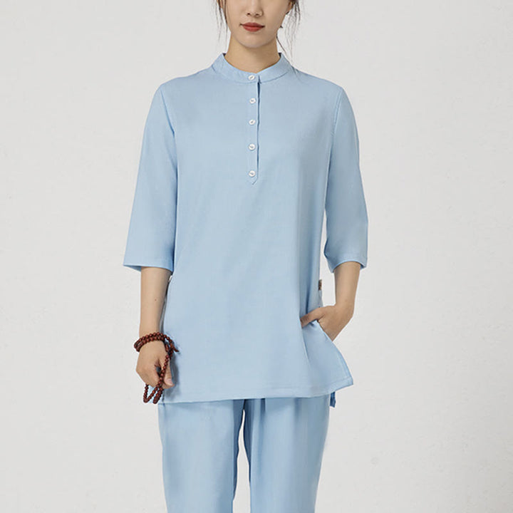 Buddha Stones 2 pezzi bottoni tre quarti manica camicia top pantaloni meditazione zen tai chi cotone lino abbigliamento donna set