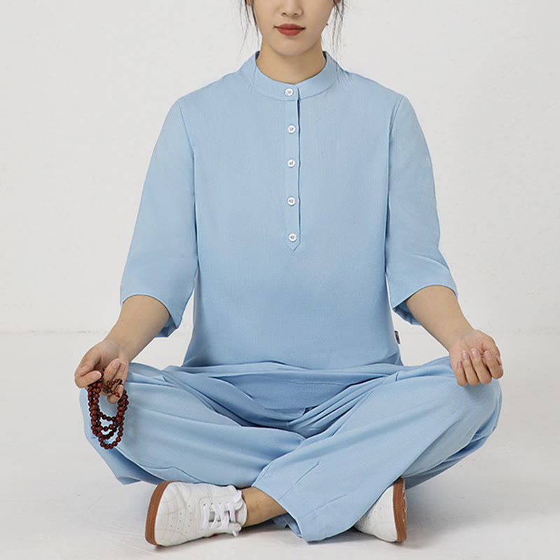 Buddha Stones 2 pezzi bottoni tre quarti manica camicia top pantaloni meditazione zen tai chi cotone lino abbigliamento donna set