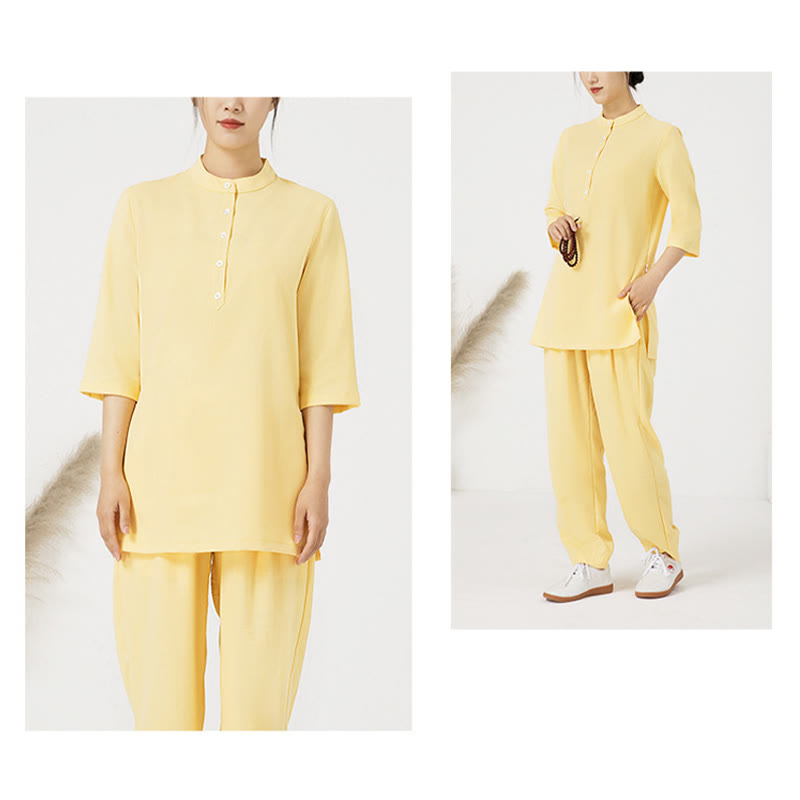 Buddha Stones 2 pezzi bottoni tre quarti manica camicia top pantaloni meditazione zen tai chi cotone lino abbigliamento donna set