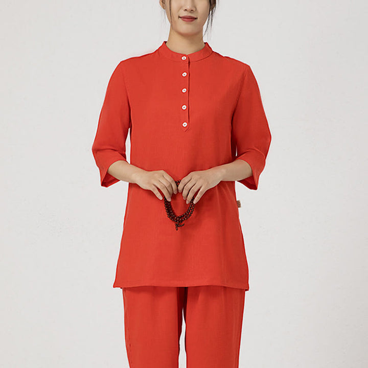 Buddha Stones 2 pezzi bottoni tre quarti manica camicia top pantaloni meditazione zen tai chi cotone lino abbigliamento donna set