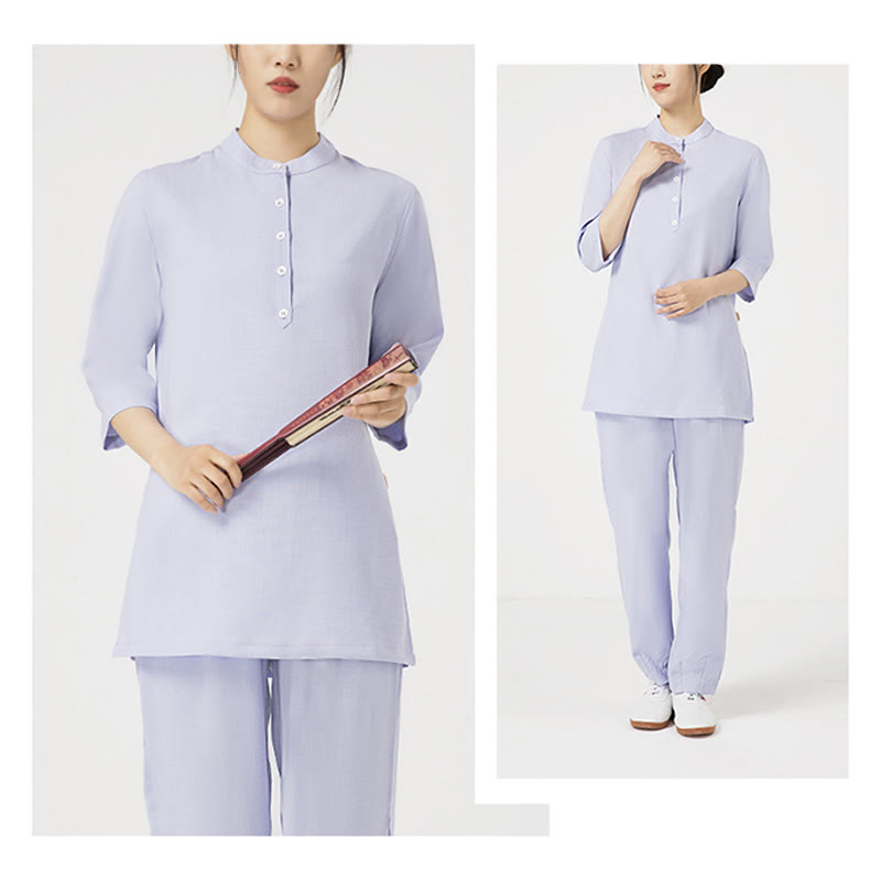 Buddha Stones 2 pezzi bottoni tre quarti manica camicia top pantaloni meditazione zen tai chi cotone lino abbigliamento donna set